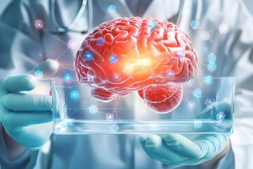 Scientist Holds Glass Container with 3D Brain Model, Showing Neural Connections and Activity Illustration.