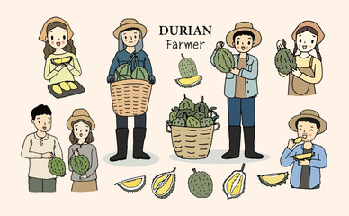 Durian farmer character set, hand drawn style vector illustration