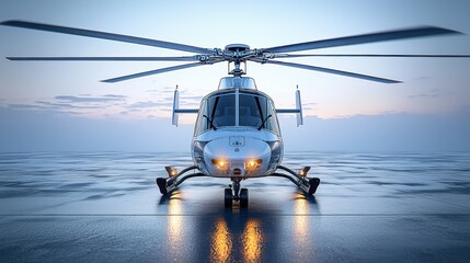 Helicopter landing on helipad at dusk with misty background