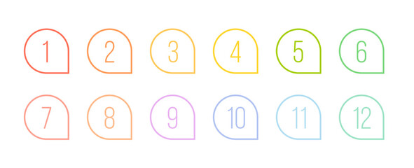 Bullet point numbers design element set. Colorful list markers collection, number 1 to 12.