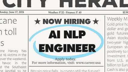 Obraz premium AI Natural Language Processing engineer software development career. Recruitment offer - job ad. Newspaper classified ad career opportunity.