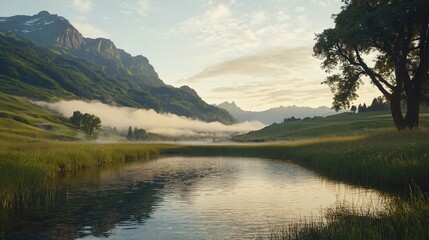 Majestic Sunrise Over Mountain Lake: A Panoramic Masterpiece