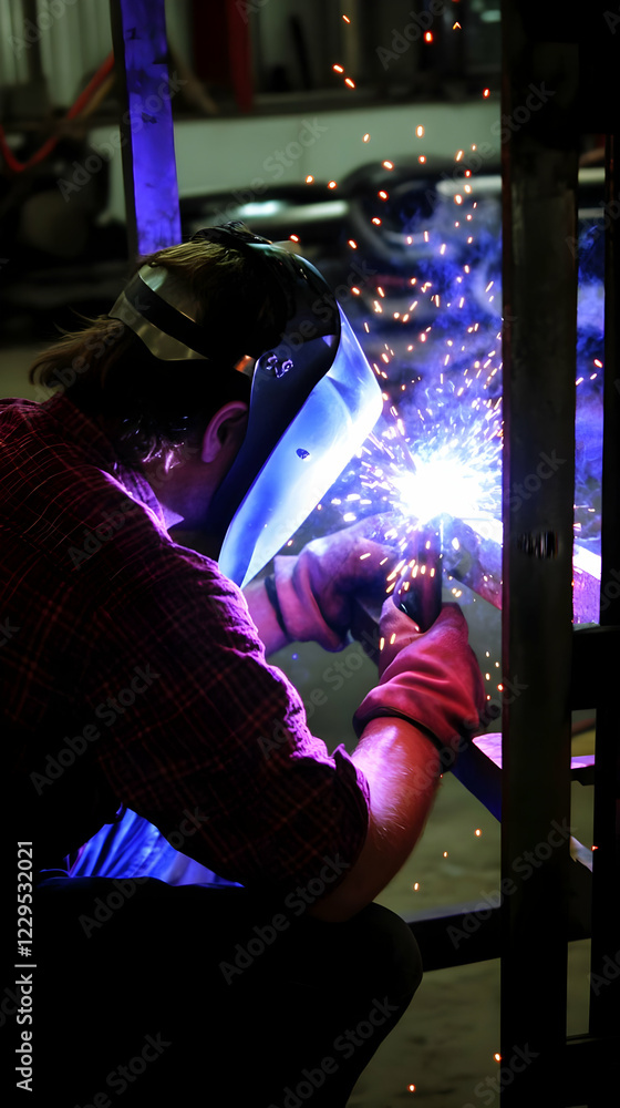Poster welder joins metal components with welding torch in workshop, creating sparks and light