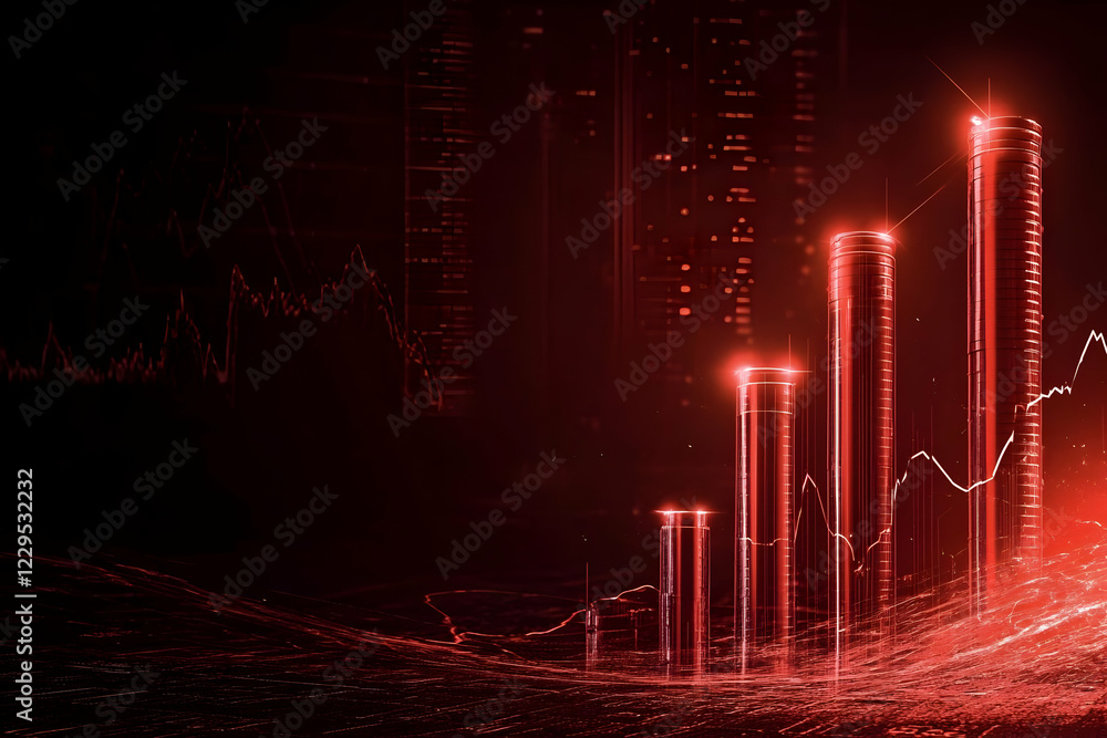 Poster red growing bar graph shows increasing business progress with data charts background
