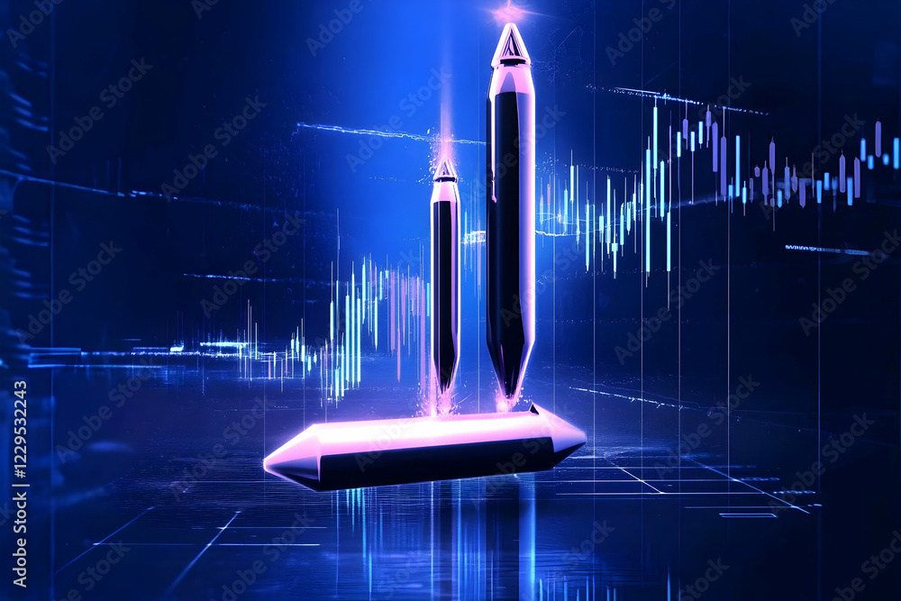 Poster 3d metallic pencils hover over a glowing platform with stock market chart data displayed in the back