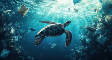 Fototapeta premium Sea Turtle Swims Through Ocean Filled With Plastic Waste and Trash, Highlighting the Environmental Crisis and Impact of Pollution on Marine Life
