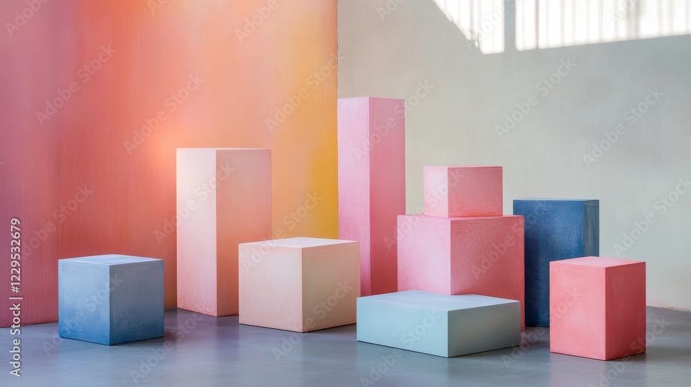 Poster this image features a vibrant arrangement of colorful geometric shapes in a studio setting, compleme
