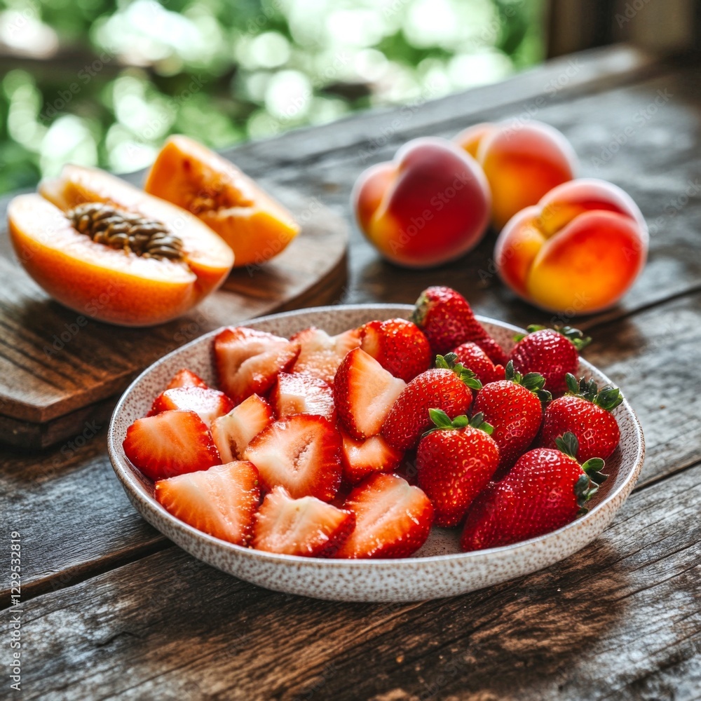 Poster a delightful assortment of fresh strawberries and peaches is elegantly displayed on a rustic wooden 