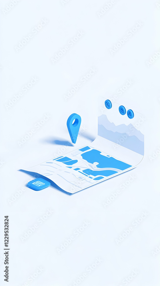 Poster 3d map navigation with location pin, icons, and data chart shows modern technology seamlessly