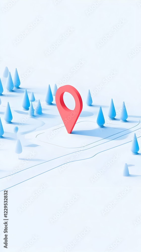 Poster 3d location pin marks a spot on a minimalist map with stylized trees and roads