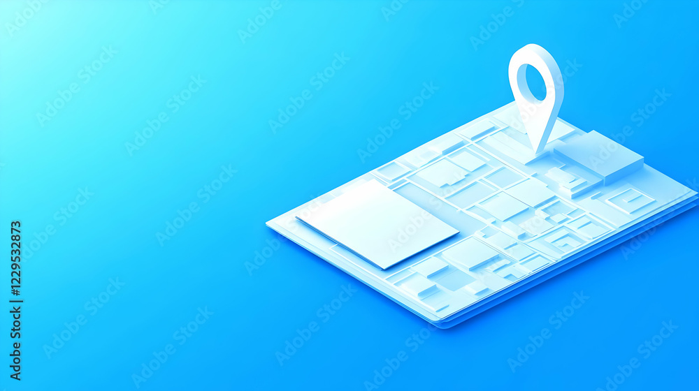 Poster 3d location pin marks spot on abstract city map on blue background with copy space