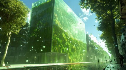 Modern eco-friendly building with lush greenery, vibrant street scene, and clear blue sky