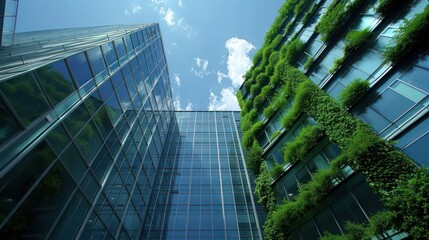 Modern skyscrapers with green vertical gardens under a bright blue sky, showcasing eco-friendly design