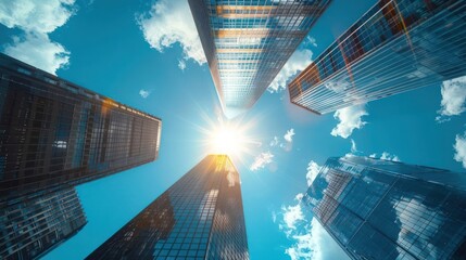 Stunning view of skyscrapers reaching towards a bright sun against a clear blue sky