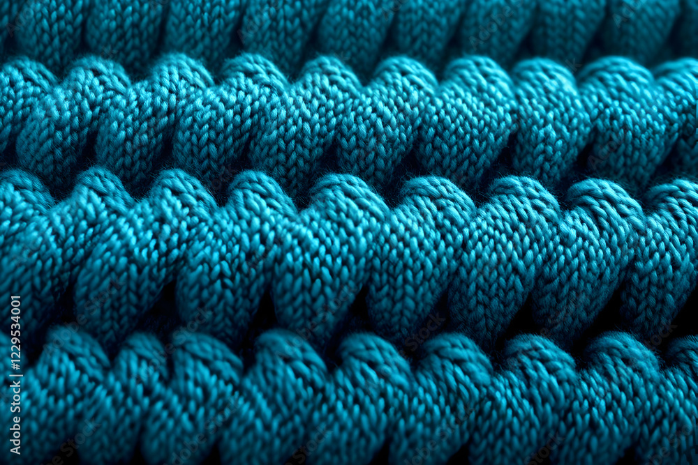 Aufkleber close-up of teal knitted fabric shows intricate textured pattern in detailed macro view.