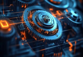 A close-up of the gear system in motion, with various gears and cogs moving together to create an animated scene. 