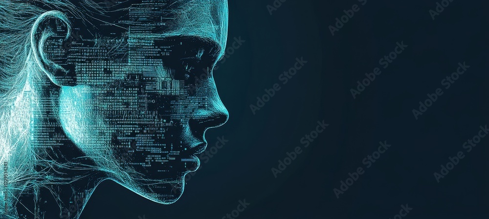 Poster stylized female head silhouette with binary code integration of digital technology. concept art.