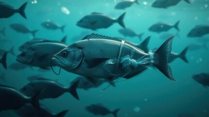 Fototapeta premium Underwater encounter with a fish trapped in plastic debris amidst a school of marine life