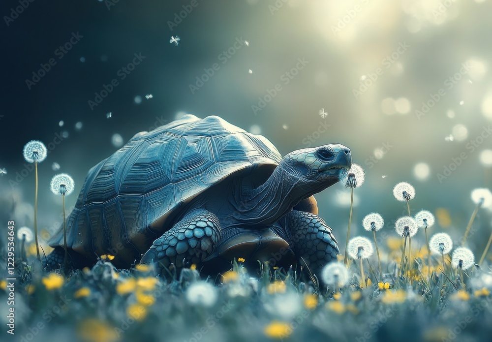 Poster serene tortoise amidst dandelions in a dreamy meadow with soft light and floating petals in a tranqu