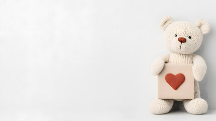 Teddy bear offering a gift with a heart, isolate don background with copy space for text. Happy Valentine's Day