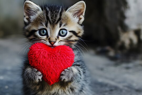 Cute Pixiebob Feline Cub Holding a Fluffy Red Heart-Shaped Toy