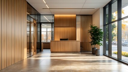 Sophisticated office entrance with wooden accents and sunlight