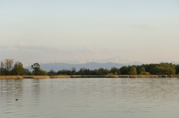View of the south end of the Ammer lake and of the Alps with Wettersteinmassiv und Zugspitze from restaurant Aidenried Fischen Paehl Landkreis Weilheim in upper Bavaria Germany