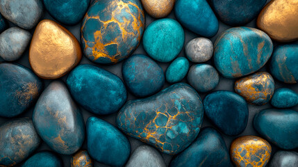 Abstract background of various shapes of pebbles and stones in a teal, gold, and blue colors.