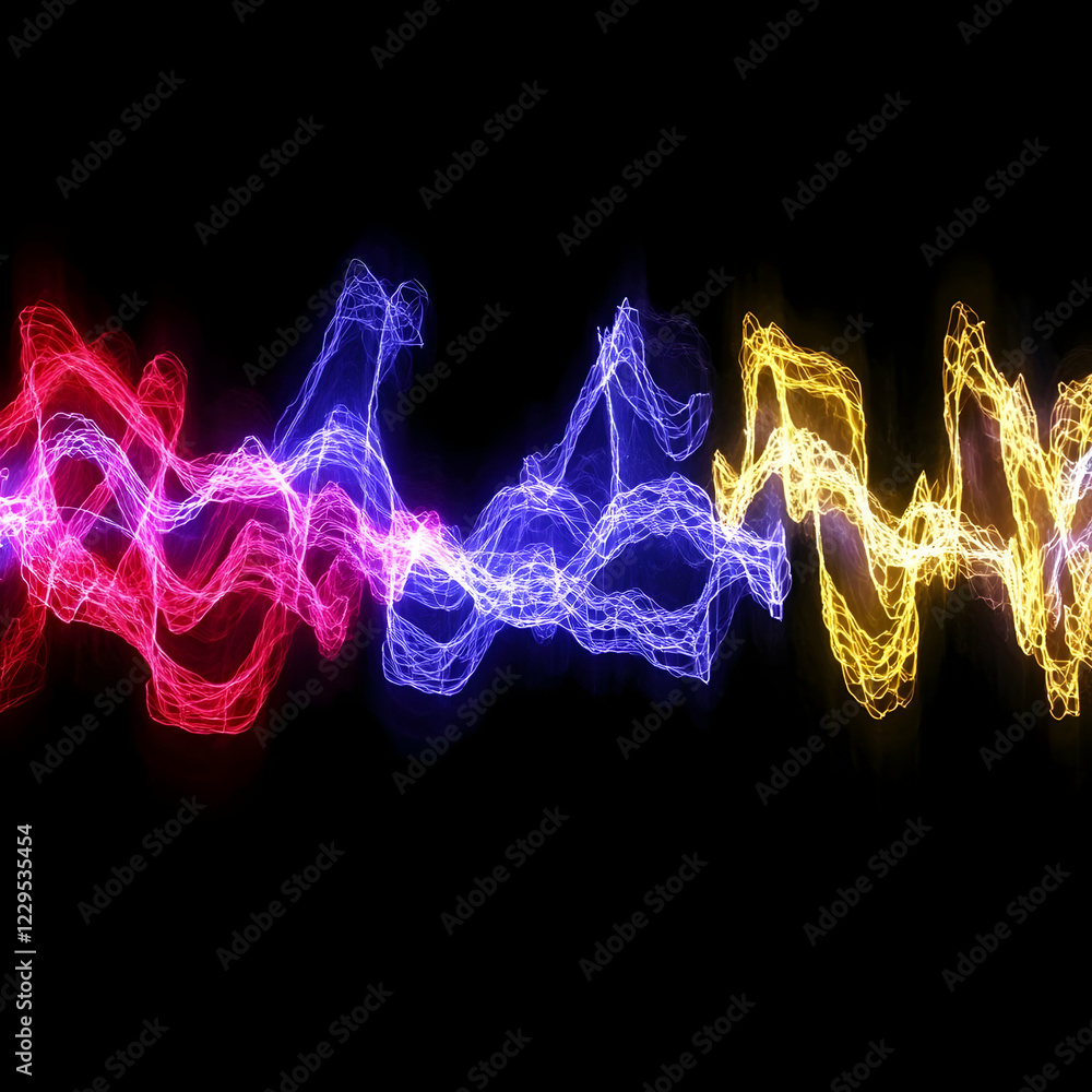 Poster colorful abstract energy waves flow across a black background dynamically
