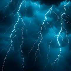 Lightning strikes illuminate the dark, stormy sky dramatically with vibrant electric blue hues.