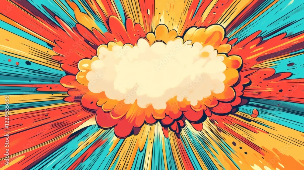 Poster pop speech bubble in comic style exploding with vibrant color rays and bold lines filling the backgr
