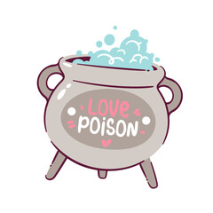 Cartoon cauldron with boiling magic potion and love elixir. Magic love potion in cauldron vector illustration.