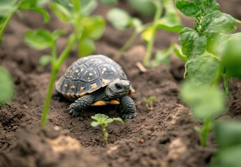 Small tortoise walking through a garden bed surrounded by green plants and soil under natural light in a serene outdoor setting