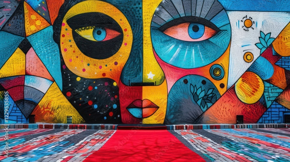 Poster vibrant mural featuring abstract faces and colorful patterns with a red carpet foreground