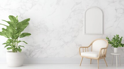 Modern chair, plants, marble wall, arched frame, interior design mockup