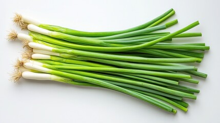 Fototapeta premium A bundle of fresh green scallions, the long, thin stalks laid out in a fan shape on a pure white background.