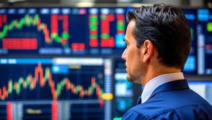 Stock market trader analyzing electronic trading board