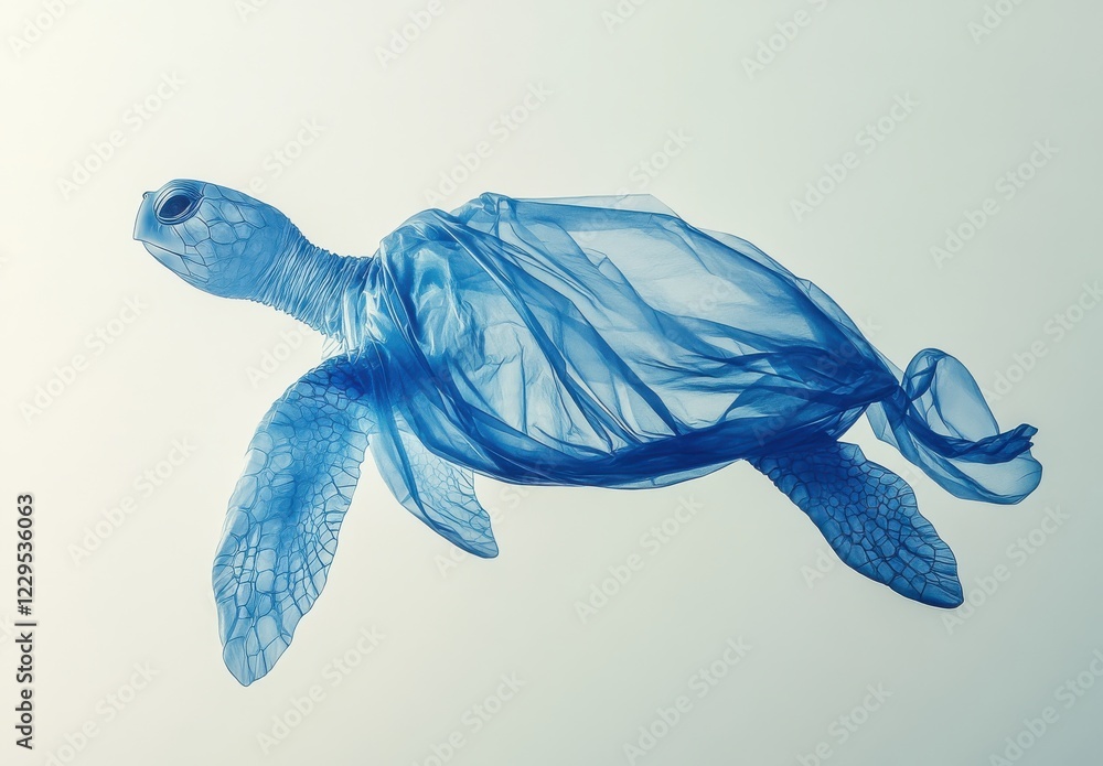 Poster surreal representation of a sea turtle draped in flowing blue material in a soft gradient background
