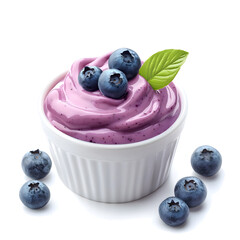Blueberry yogurt decorated with blueberries and green leaves isolated on white background