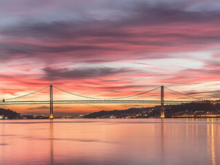 Fototapeta premium Suspension Bridge Spans Calm Water with City Lights at Sunset