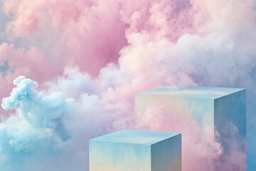 Two podiums display in front of colorful clouds background