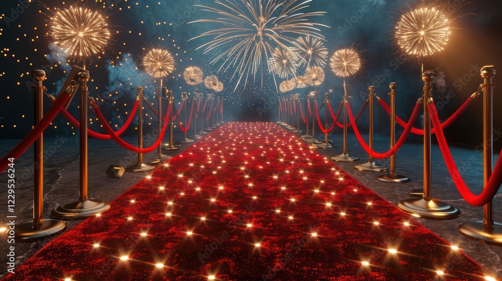 Poster glamorous red carpet event with fireworks in the background, creating a festive atmosphere
