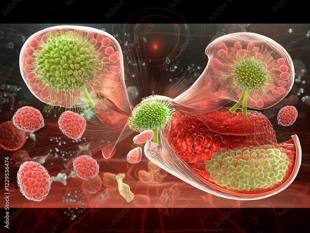 Poster microscopic view of cells interacting and releasing particles dynamically
