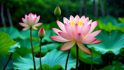 Stunning pink lotus flower against lush greenery