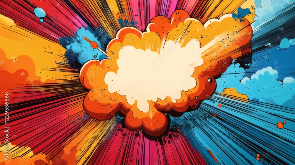 Poster pop speech bubble in comic style exploding with vibrant color rays and bold lines filling the backgr