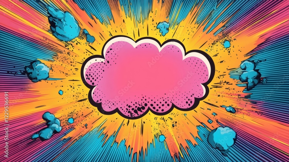 Poster pop speech bubble in comic style exploding with vibrant color rays and bold lines filling the backgr