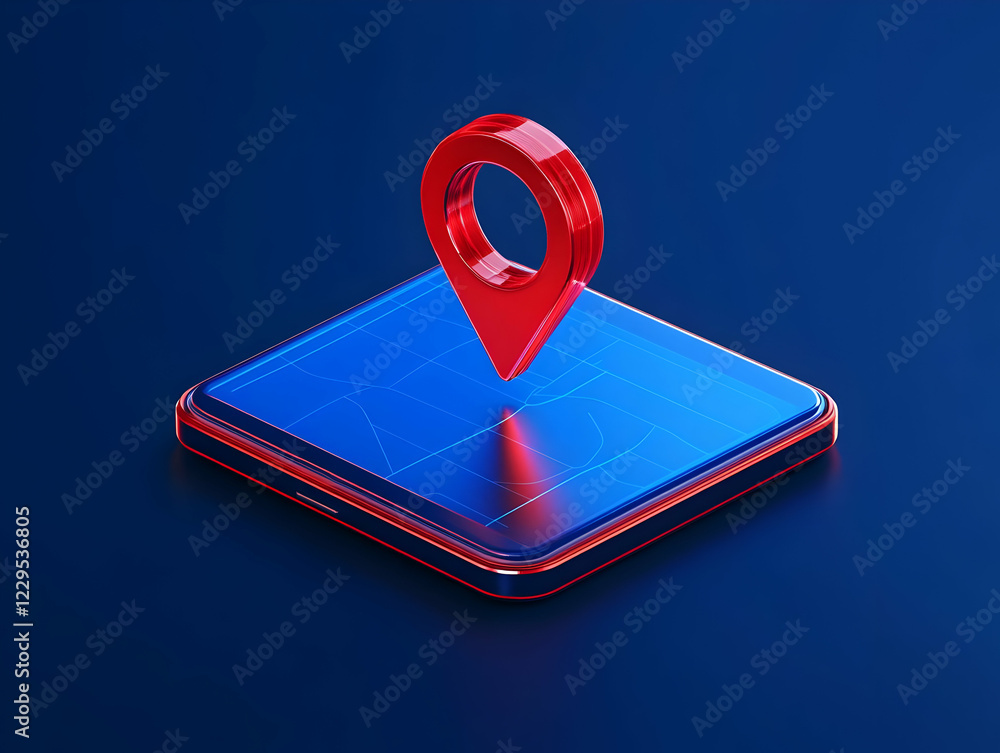 Poster 3d location pin hovers over a smartphone displaying a map with a dark blue background