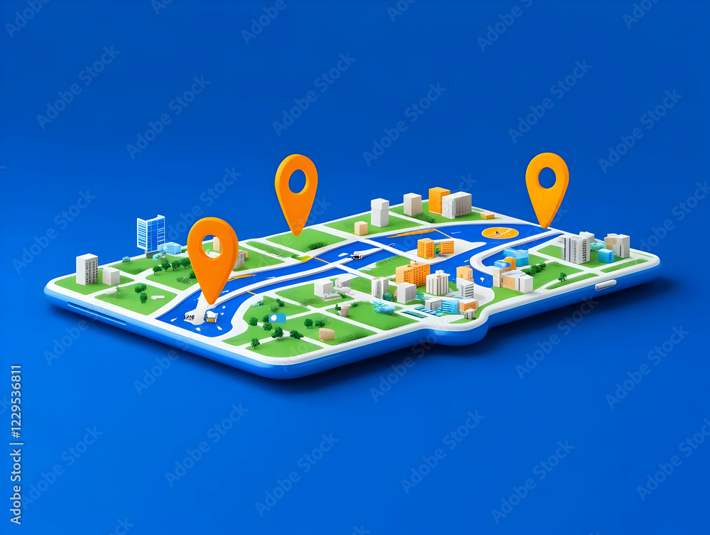 Poster 3d city map on a tablet displays location pins for navigation and tracking services.