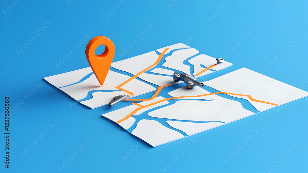 Poster 3d location pin on folded map with cannon and tools on blue background