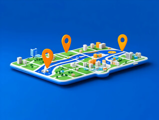 3D City Map on a Tablet Displays Location Pins for Navigation and Tracking Services.